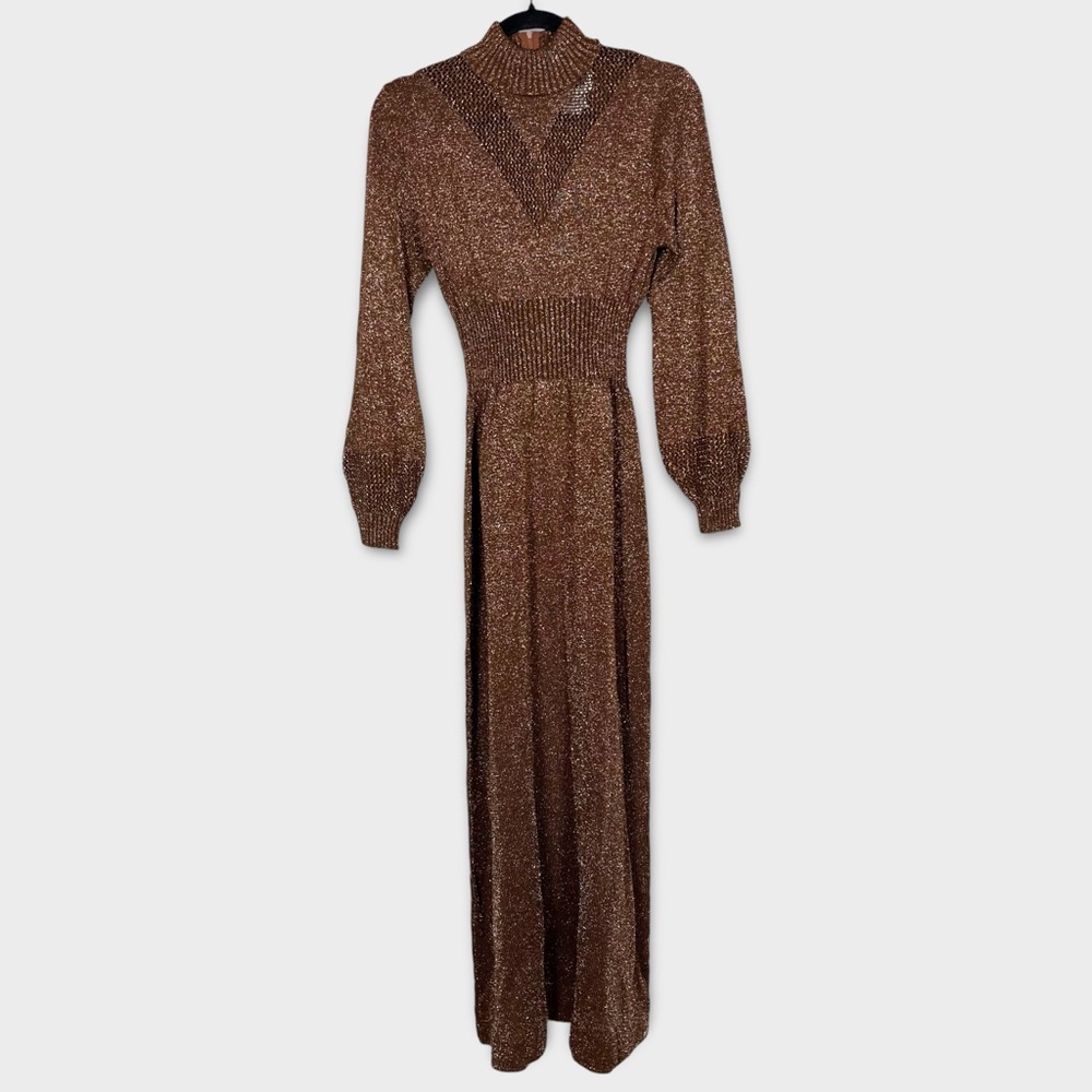 Vintage Wenjilli Maxi Dress 11/12 70s Metallic Knit Glam Regency Whimsigoth Boho